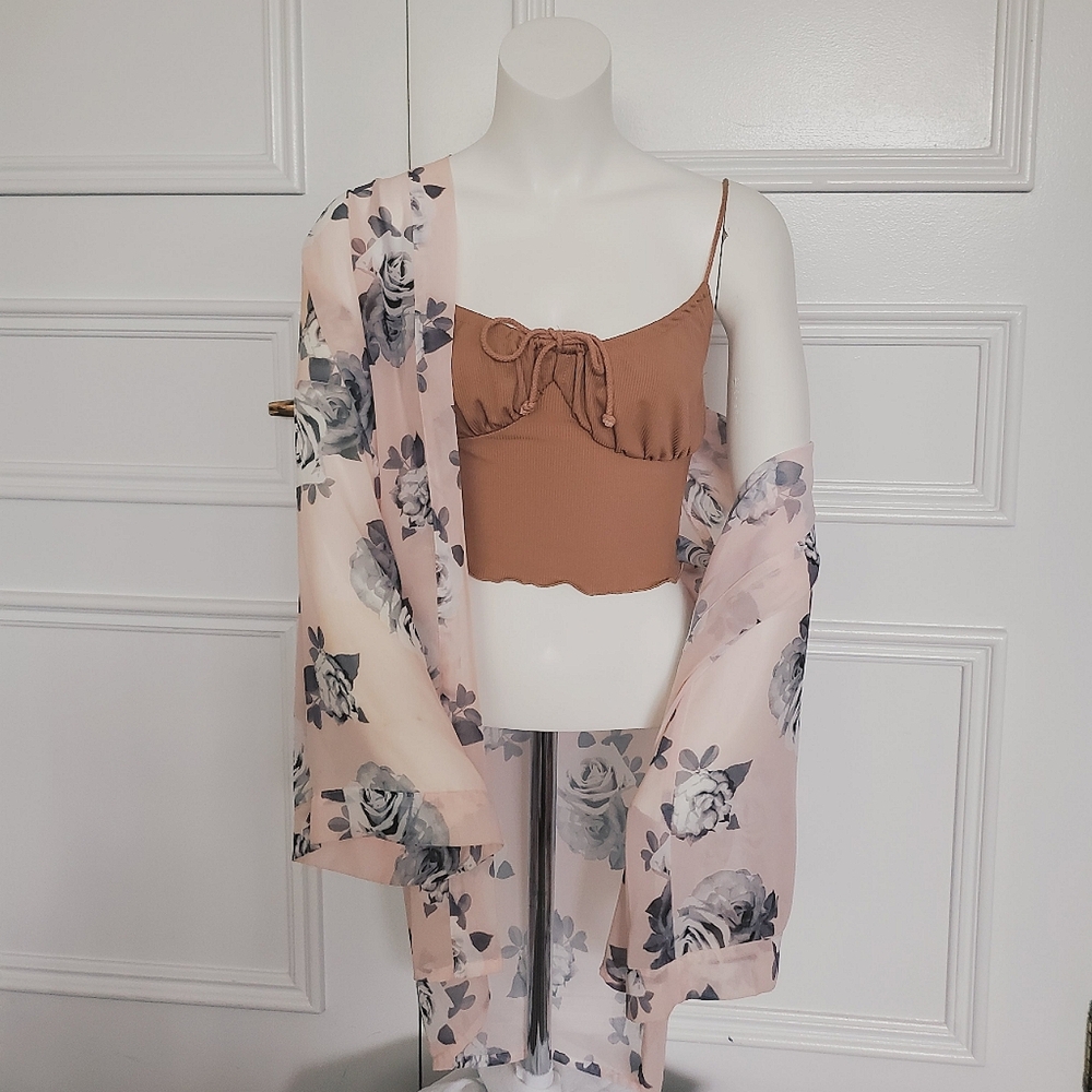 Boho Beach Resort Bahama Kimono Slip On Sheer Floral Resortwear Shirt - M